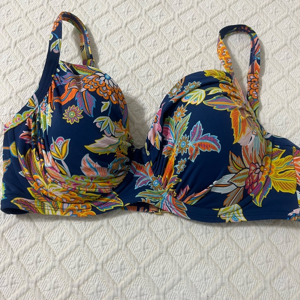 Bleu Rod Beattie Navy Floral Bikini Top with Multicolor Print